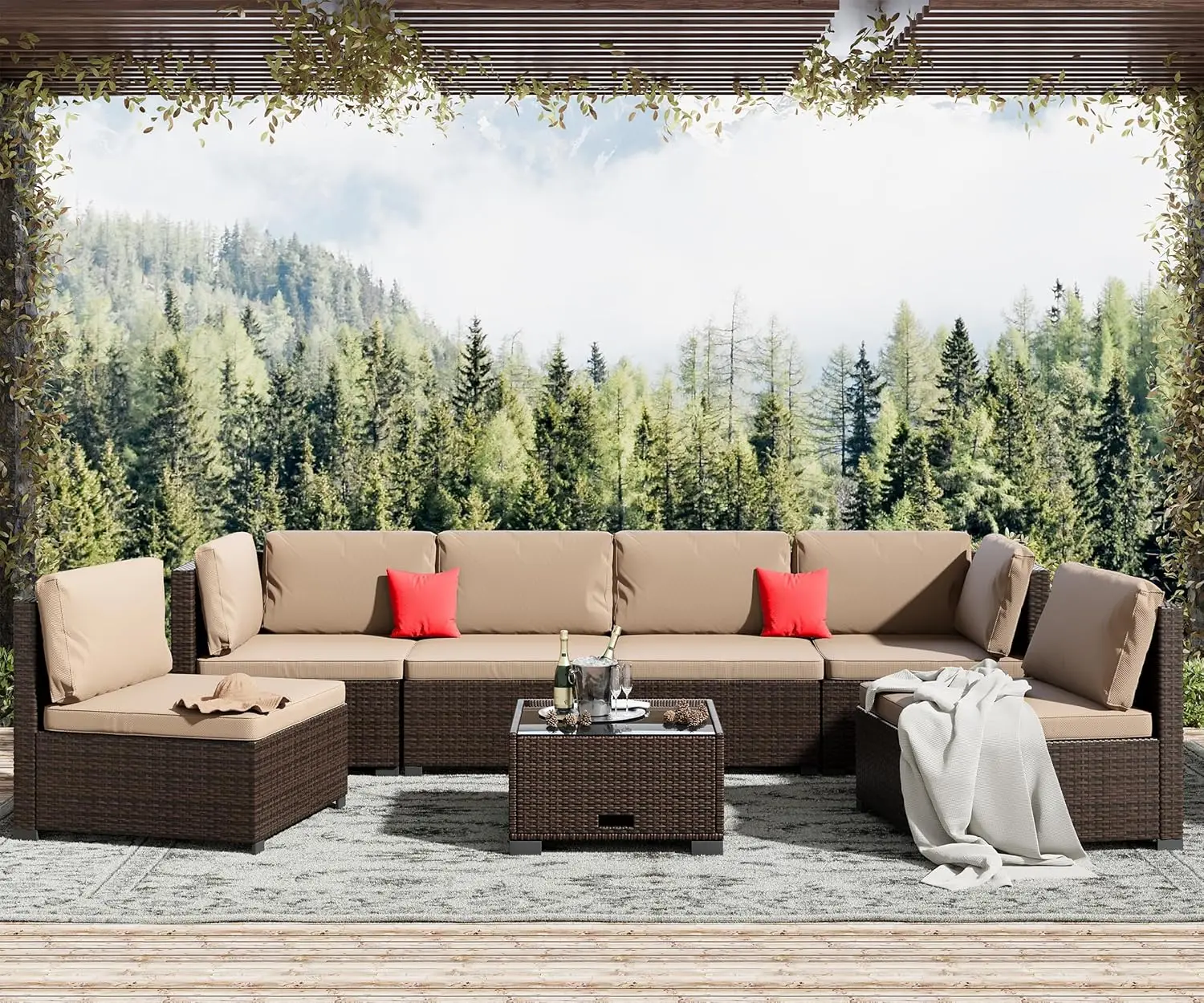 7 Piece Patio Furniture Set, Outdoor Furniture Patio Sectional Sofa, All Weather PE Rattan Outdoor Sectional with Beige Cushion