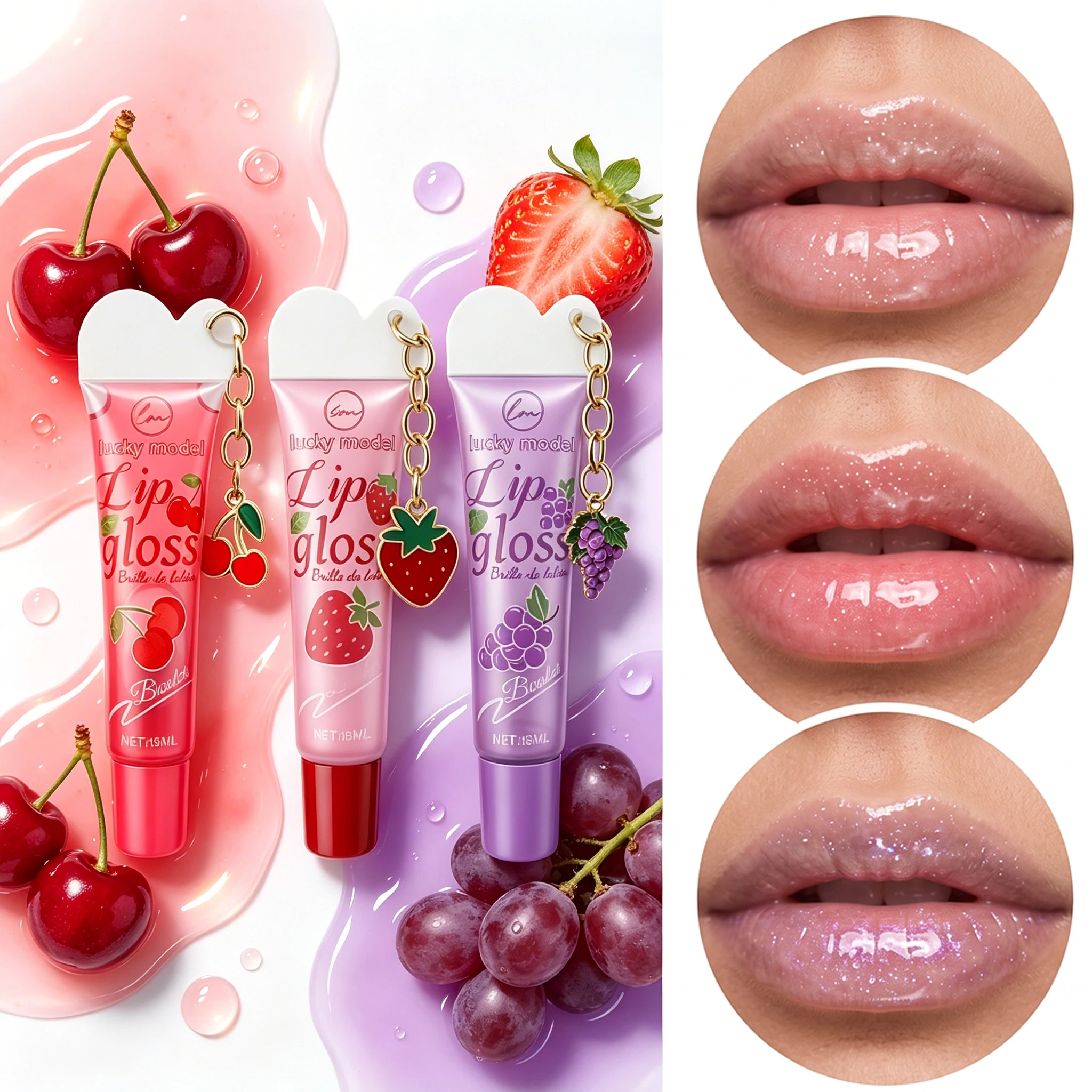 Lucky Model Fruit Pendant Lip Gloss With Fine Sparkling Water Light Glass Lip Moisturizing, Three Random Shipping Items