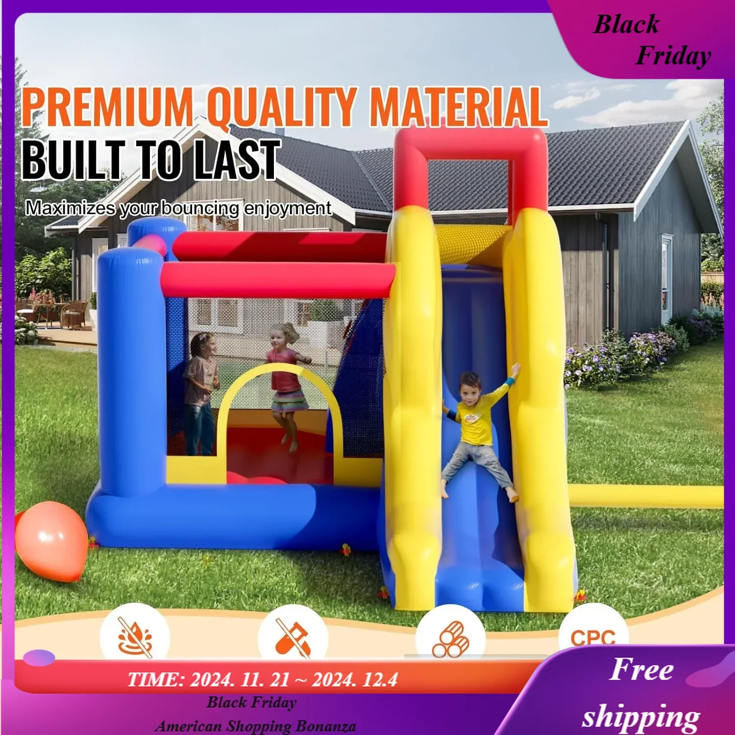 Inflatable Bounce House, Indoor Playhouse Trampoline, Jumping Bouncer with Blower, Slide, and Storage Bag, Outdoor Family