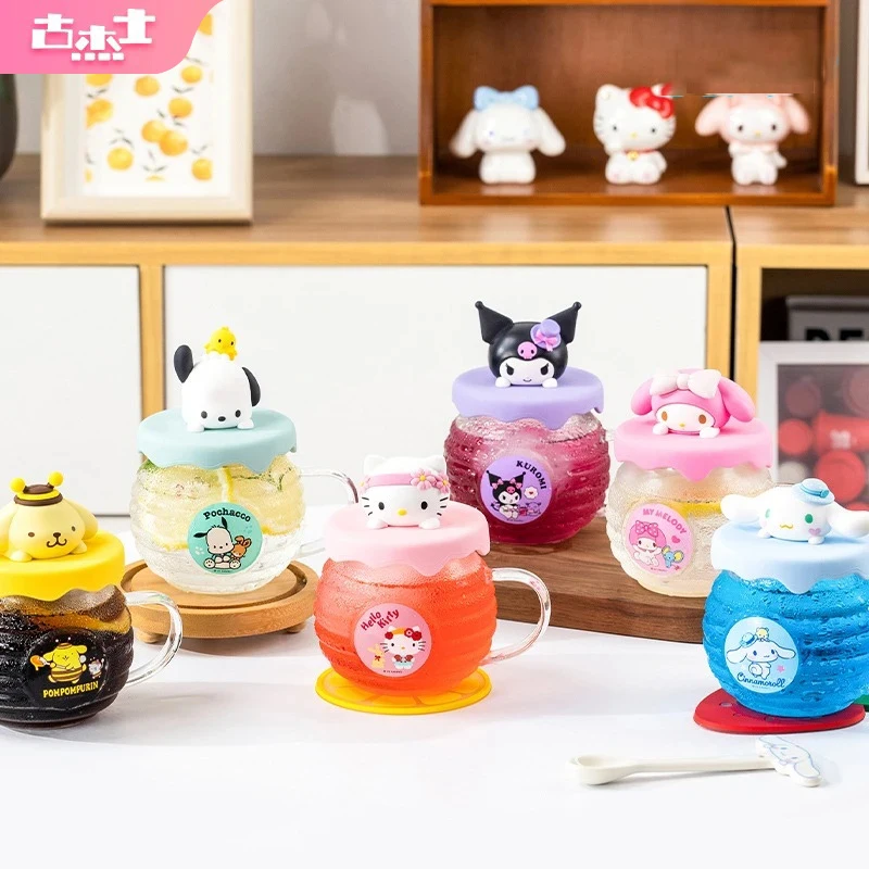 Für Sanrio Kawaii Glasbecher für Kuromi Hello Kitty Cinnamoroll Anime Saftbecher mit Silikondeckel Home Chilled Soda Water Cup