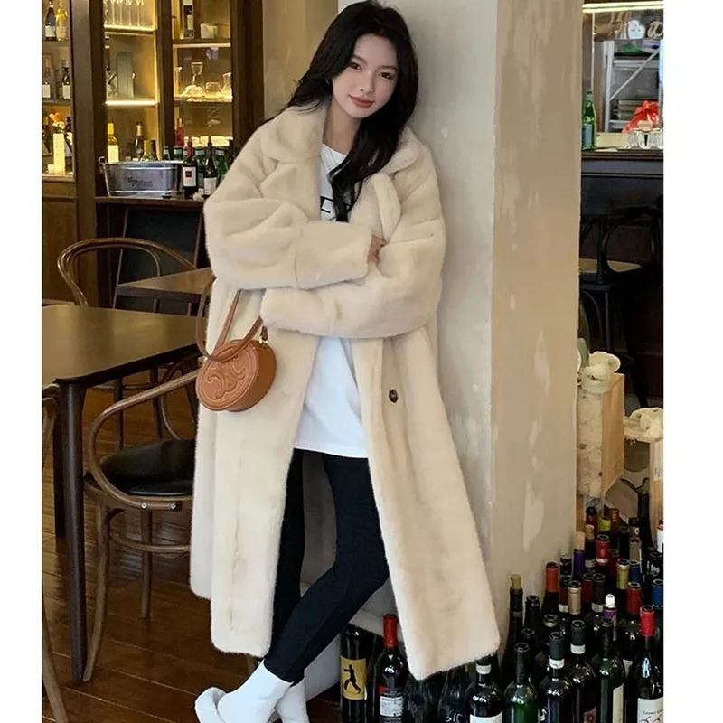 Beige Environmentally Friendly Fur Faux mink Fur Long loose And Thickened Pink Mink Fur Integrated Suit Collar Fur Coat For Wome