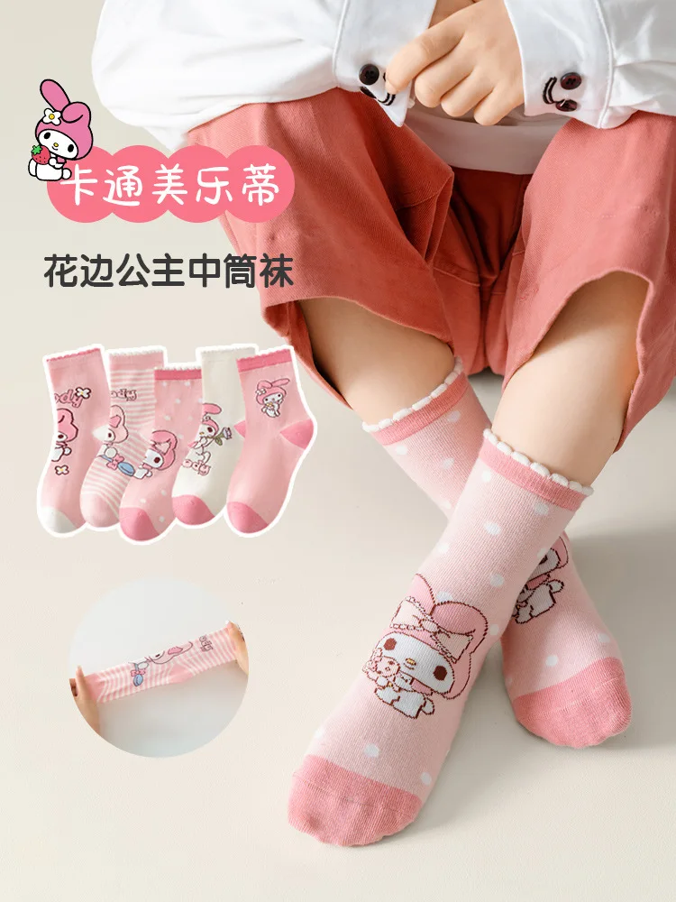 5 Pairs Sanrio Girls Socks Melody New Fall Winter Cartoon Children Mid-calf Socks Cotton Sock for Kids Gifts