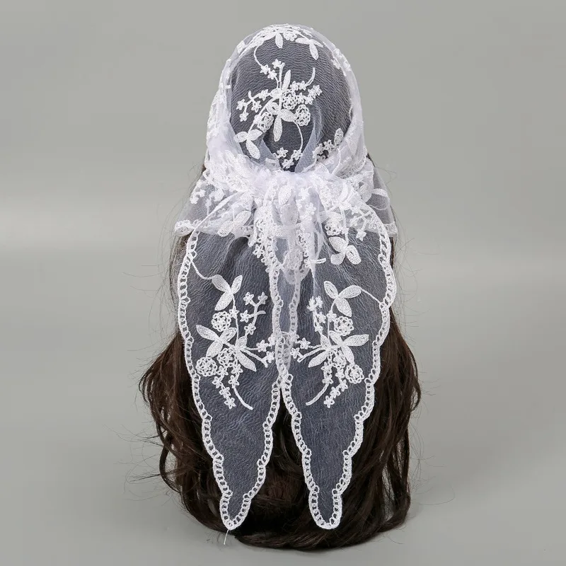 Spring&Summer Women'S Lace Floral Triangle Scarf French Retro Solid Color Hollow Breathable Ribbon Wedding Veil Cover Headscarf