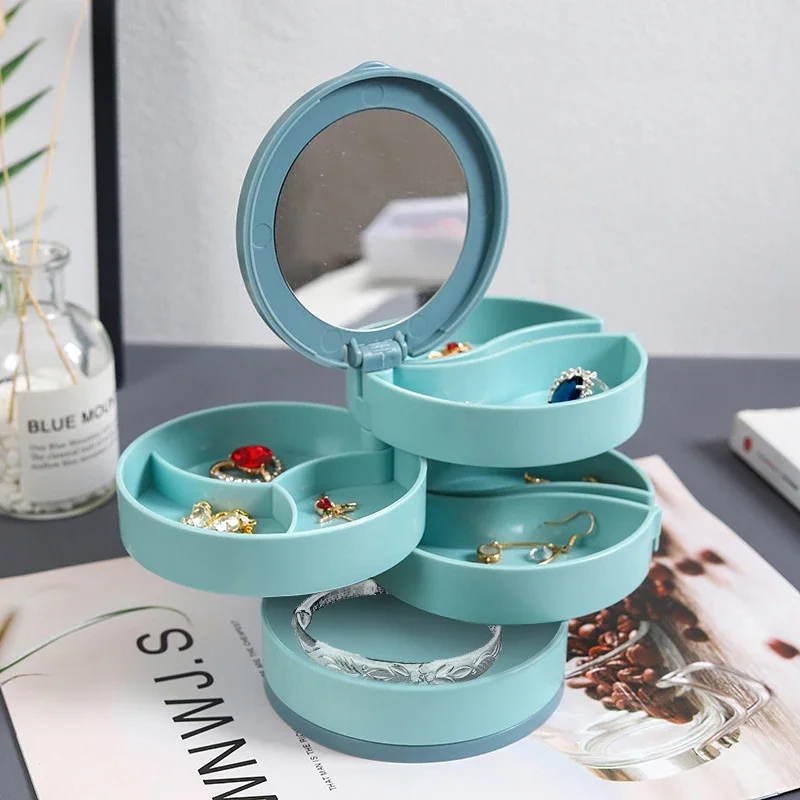 

Rotating Four Layer Jewelry Storage Box with Mirror for Necklace Earrings Ring Bracelet Organizer Multilayer Display For Case