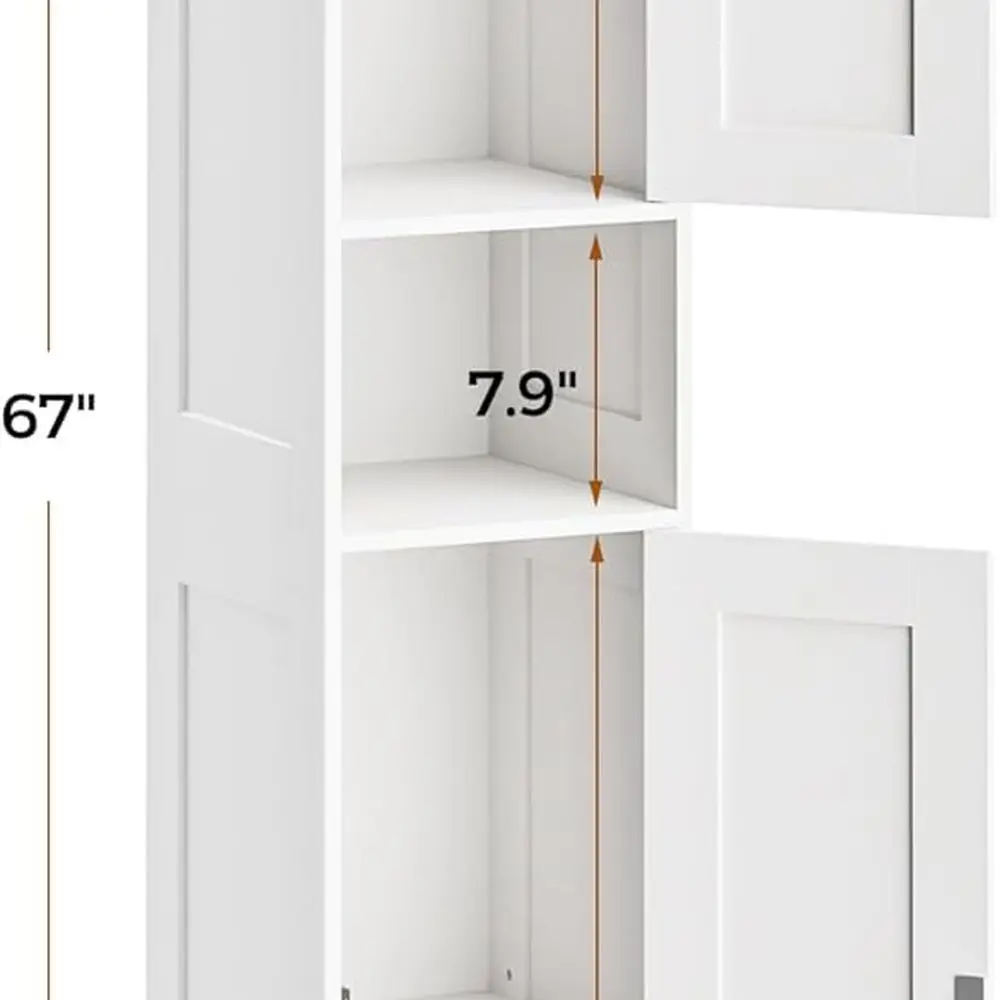 67 Высокий белый тонкий шкаф для хранения в ванной комнате с 2 дверцами, регулируемыми полками, защитой от опрокидывания, простая сборка