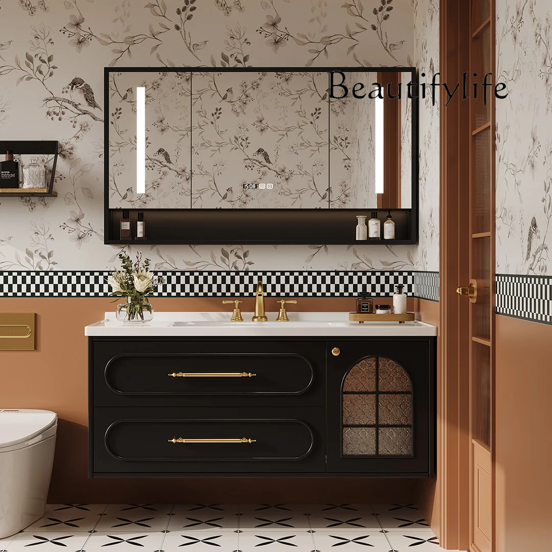 French retro bathroom cabinet Corian integrated basin wash table rock slab ceramic face wash basin