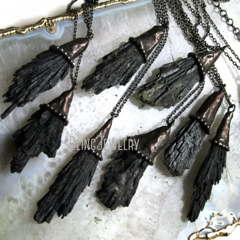 10pcs Goth Vampire Black Kyanite Natural Stone Talisman Necklace Witchcraft Wicca Satan Y2K Statement Jewelry Accessory