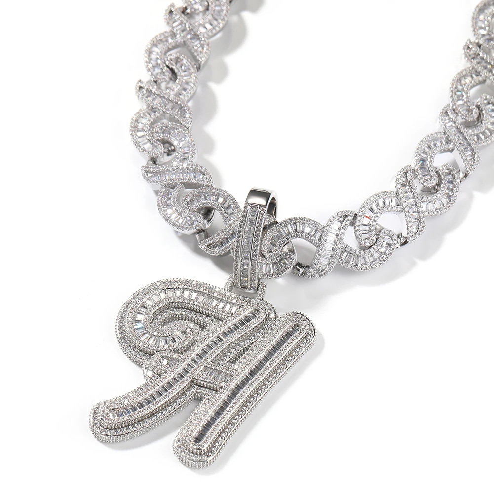 TBTK BaguetteCZ Cursive Letter Pendant Initial Letter A-Z Iced Out Cubic Zirconia Charm Choker Necklace Hiphop Jewelry