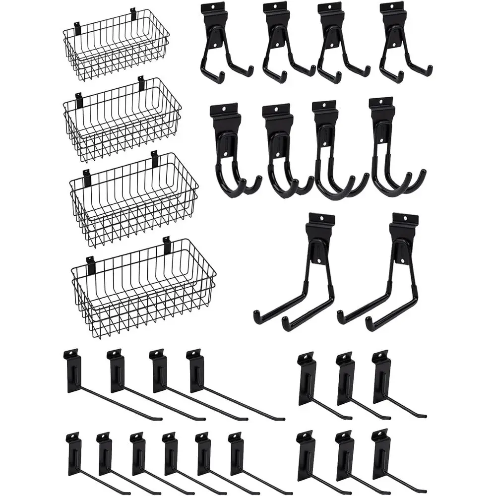 

Комплект аксессуаров для слат-стен: 30 крючков для слат-стен, крючки для подвешивания на слат-стену для гаража, включает 4 корзины для слат-стен.