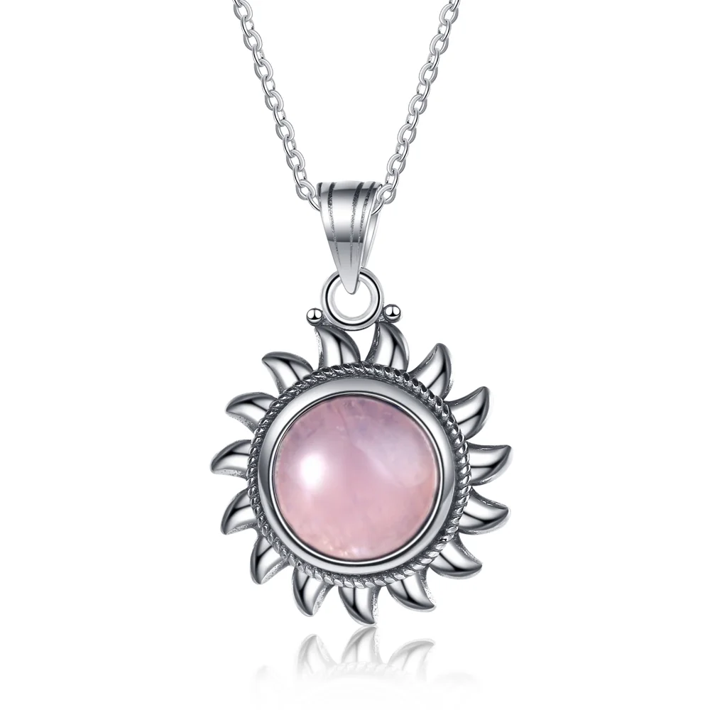 Pink Natural Rose Quartz Sun Shaped Necklace S925 Silver Tiger Eye Pendant for Women Luxury Wedding Gift Fine Jewelry