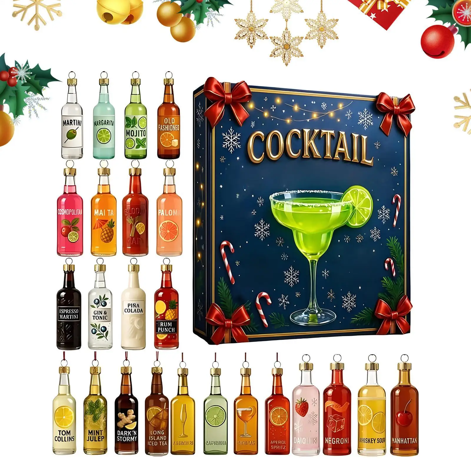 

2025 Cocktail Advent Calendar 24 Days Christmas Countdown Calendar 2D Acrylic Decoration Ornaments for Home Decor Front Door