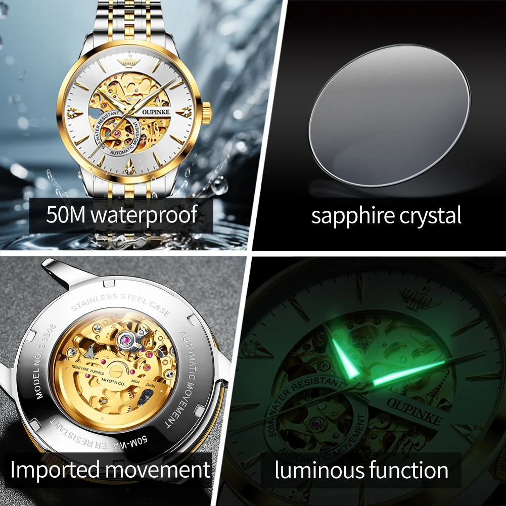 OUPINKE 3308 Japan Automatic Men's Watches Original Brand Double Sided Hollowed Mechanical Wrist Watch Top Luxury Golden Watches