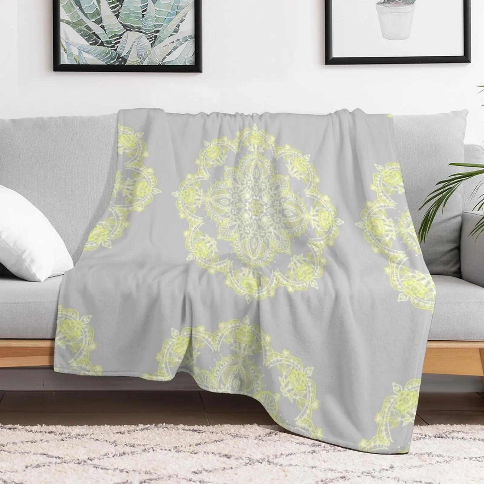 Pale Lemon Yellow Lace Mandala on Grey Throw Blanket Shaggy Beach Thins Blankets For Bed Blankets