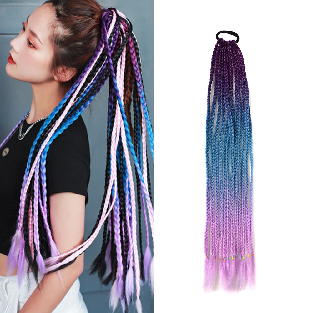 

Colorful Braided Ponytail Hair Extension Synthetic Rainbow Color Braids PonyTail with Elastic Band 24 Inches for Women Girls