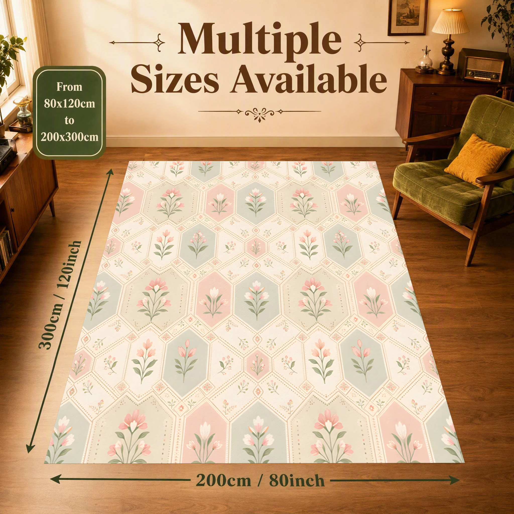 2D Diamond-Patterned Pink Floral Carpet, French Retro Style, Suitable for Living Room and Bedroom, One-Click Refresh for Autumn and Winter Decoration