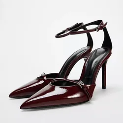 TRAF Dark Red Ankle Metal Buckle Pumps Women Point Head Patent Leather Stilettos Summer Sexy Thin High Heels Sandals For Woman ﻿