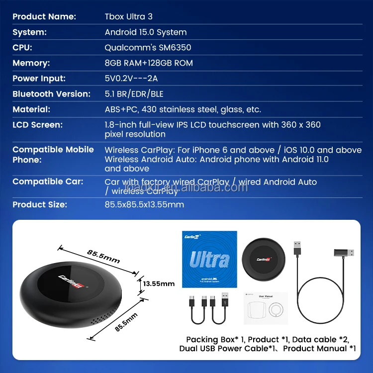 NewCarlinkit Tbox Ultra3 Smart 5G Wireless Carplay Ai Box Android 15 Car Tv Box CarPlay Dongle for BMW Carplay Adapter