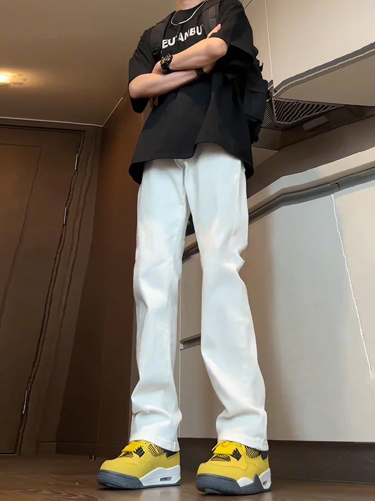 

Белые мужские джинсы Slim Fit, летние, тонкие, в американском стиле High Street, удлиненные, больших размеров, с легким клешем, молодежный тренд