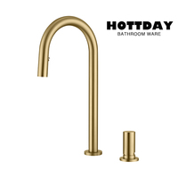 Brass Hot and Cold Separate Sink Tap Brushed Gold Kitchen Faucet Invisible Pull Out Spray Mixer Double Hole Single Handle Solid