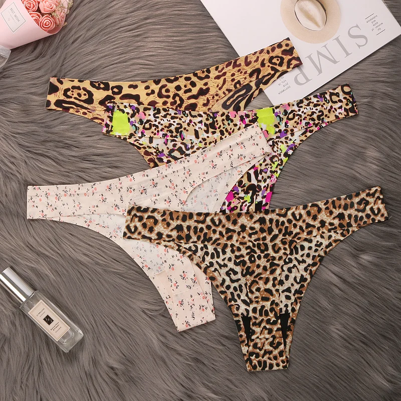 Ice Silk Leopard Women Panties Sexy G String Thong Seamless Underwear T Back Candy Color Girls Briefs Underpants Plus Size M-XXL