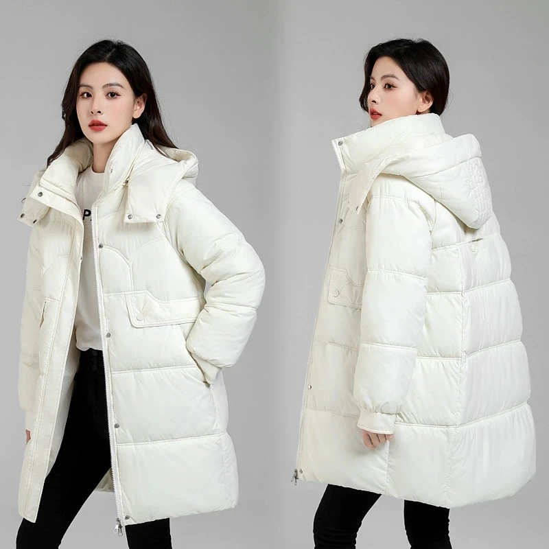 Women Clothing Hooded Long Down Cotton Coat Snow Zipper Casual Jacket New Winter 2025 Waterproof Parka Loose Warm Outwear Female