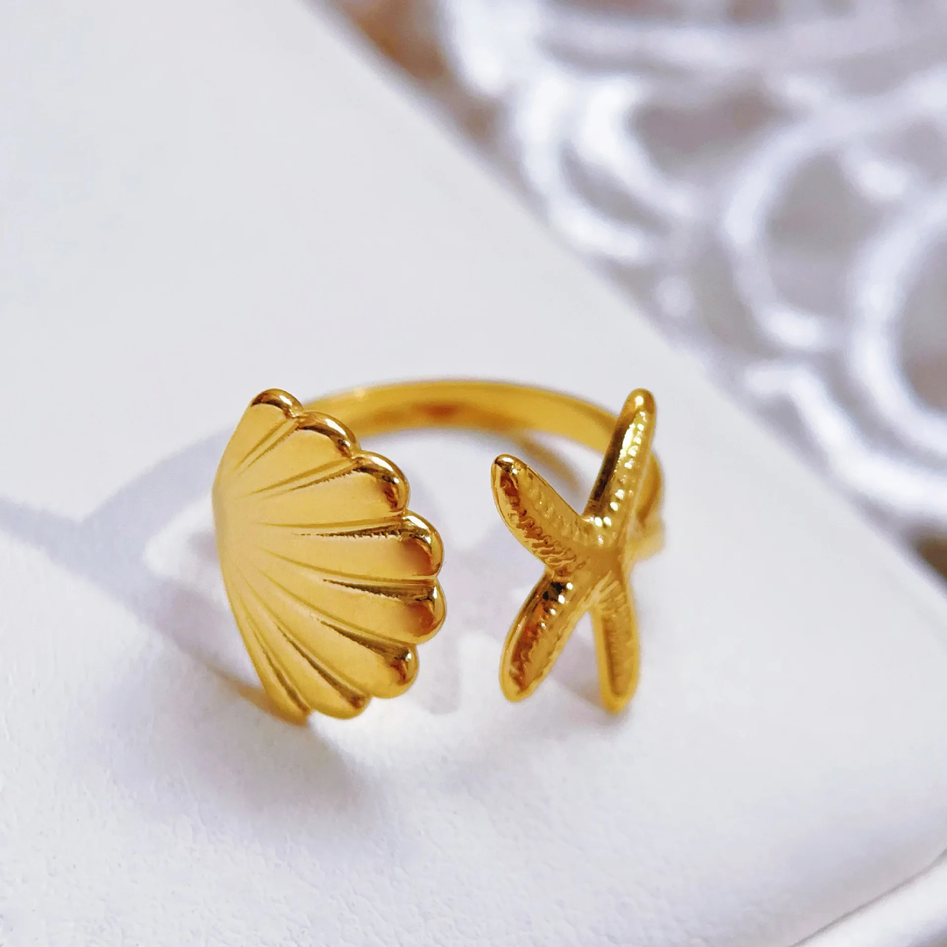 Stainless Steel Starfish Shell Rings For Women Gold Color Starfish Finger Ring Vintage Summer Vacation Christmas Jewelry Gift