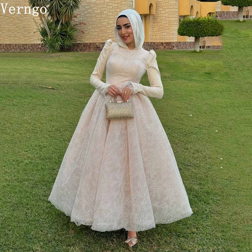 Verngo Champagne Lace Wedding Dress High Full Sleeves Modest Arabic Bridal Gowns Women Elegant Bride Dress Customized