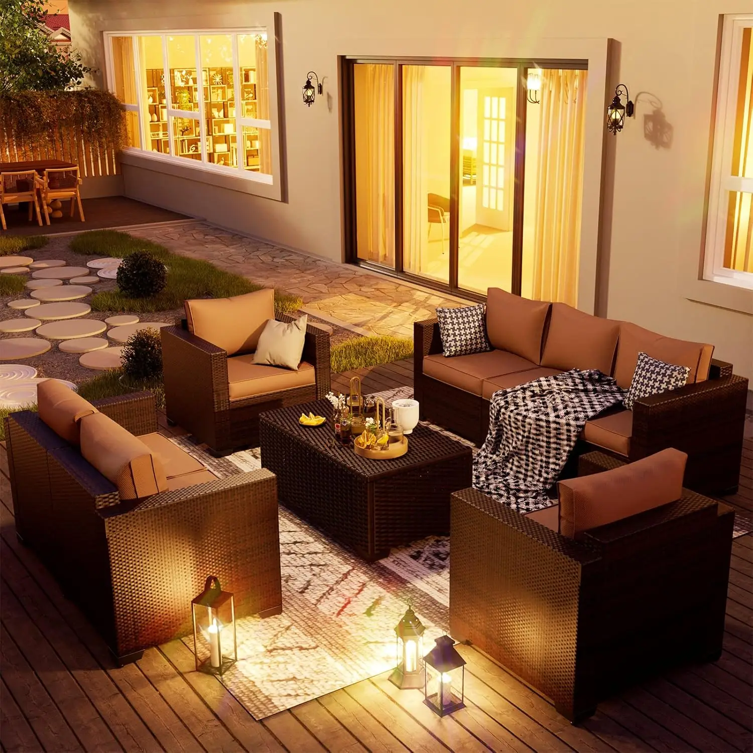 Outdoor Patio Furniture Set 5 Piece Wide Armrest Rattan Patio Sofa Sets w/Storage Table for Poolside Deck Backyard