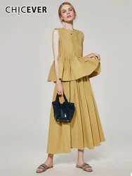 CHICEVER Solid Casual Two Piece Sets For Women Round Neck Sleeveless Pleated Tops High Waist Loose Midi Skirt Summer Set Female