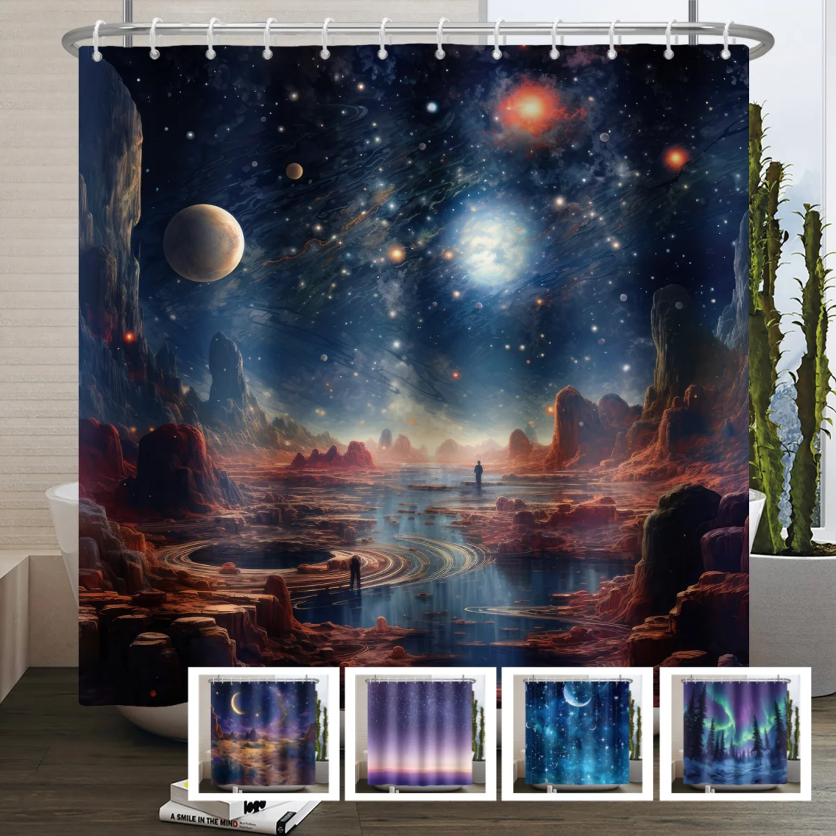 Dreamy Starry Sky Theme Modern Bathroom Curtain Aurora Planet Galaxy Moon Waterproof Polyester Shower Curtain Decor with 12 Hook