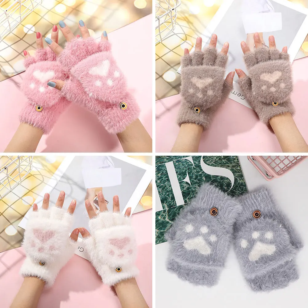 المرأة لطيف القط باو الوجه أعلى نصف اصبع قفازات الشتاء في الهواء الطلق لينة فروي اصطف سميكة أفخم القفازات هدية للفتيات #2