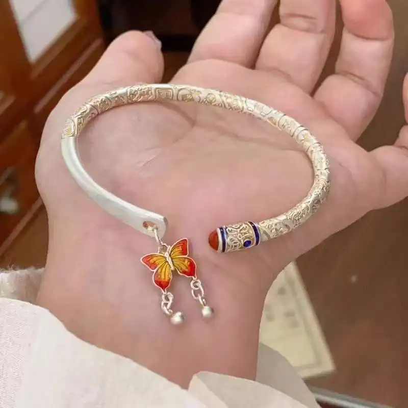 

Серебряный позолоченный гравированный браслет с благоприятными узорами для женщин