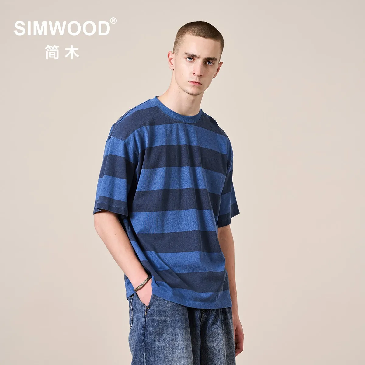 

SIMWOOD 2023 Summer New Oversize 310g 100% Cotton Fabric Vintage Washed Denim Striped T-shirts Men Plus Size Tops SL210470