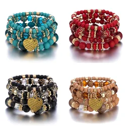 4Pcs Boho Crystal Beads Chain Bracelet Set For Women Vintage Heart Charm Elastic Bangle Female Fashion Party Jewelry