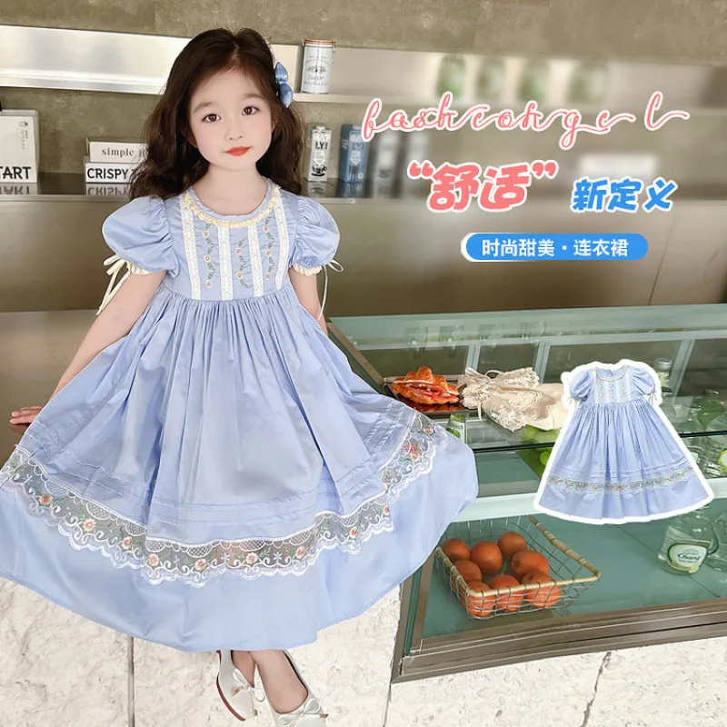 Girls' Summer Princess Dress Children's Cotton Dress Short Sleeve Countryside Style Little Girl's Lace Puff Sleeve Dress