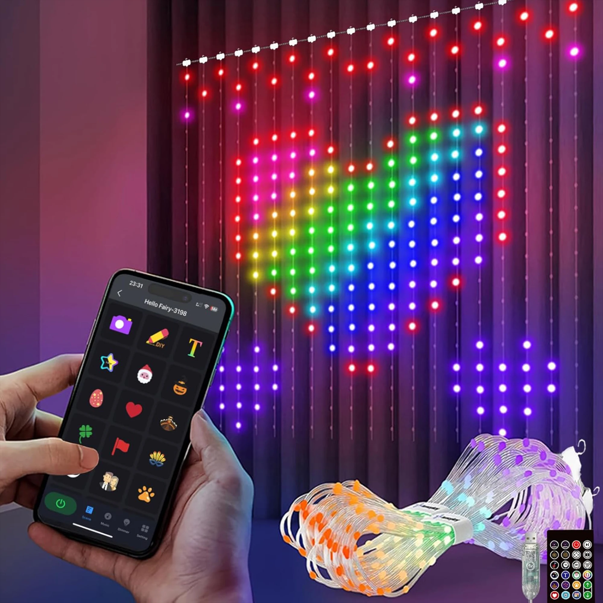 2 * 2m USB powered DC5V APP/remote control intelligent RGB IC curtain light atmosphere DIY pattern lighting leather wire 400LED
