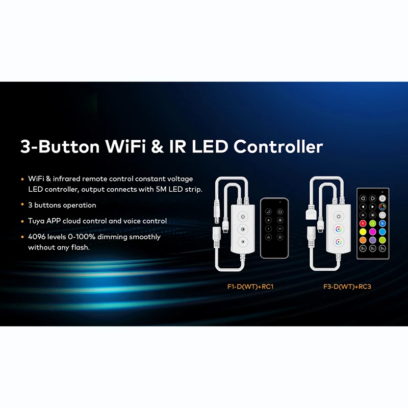 F1-D(WT)+RC1 5-24VDC Remote Control LED Dimmer Voice Control 3-Button WiFi IR Remote LED Dimmer Kit for Single Color LED Strip