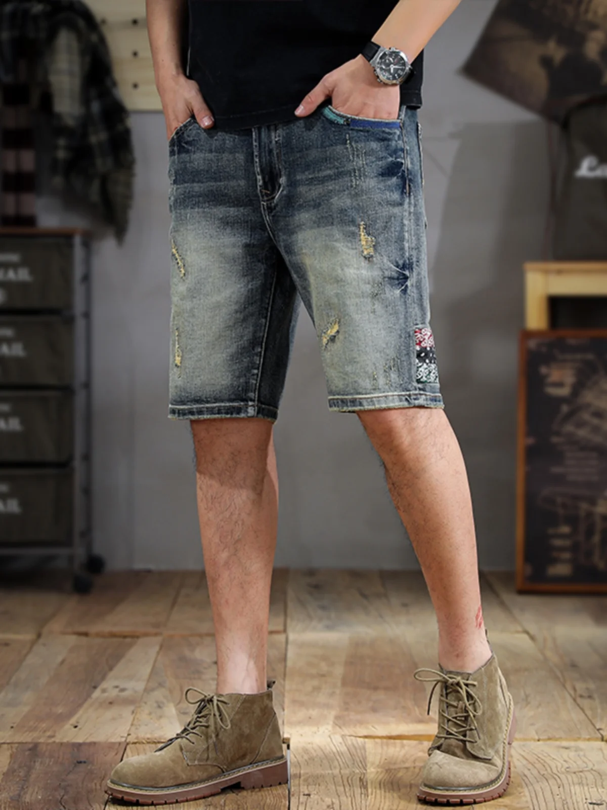 

Retro Sle Men's Denim orts Five-Pointed Elastic Casual Wear Straight Leg Fit Cotton Stretch Fabric Youth Faion Summer Wear