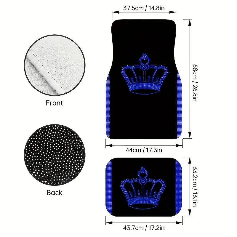 4pcs Blue Large Crown Pattern Car Floor Mat-polyester Fiber Material, Anti-slip Lining, Easy To Clean, Car Interior Assembly, Su