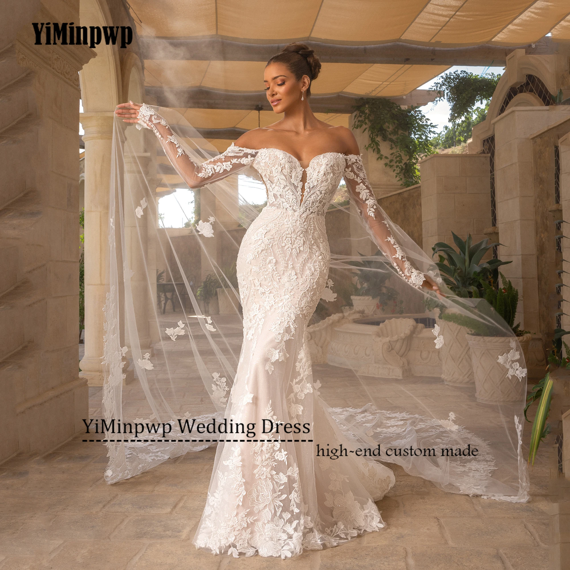 فستان زفاف مثير 2025 مخصص قبالة الكتف كم كامل زين مطرز سويب تراين حورية البحر فستان زفاف بدون ظهر للمرأة