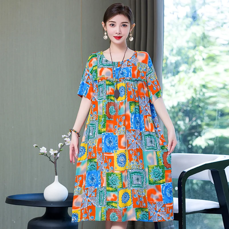 2023 Women Dresses Summer  O-Neck Floral Print Boho Beach Dress Short Sleeve A Line Dress Wrap Sundress Robe