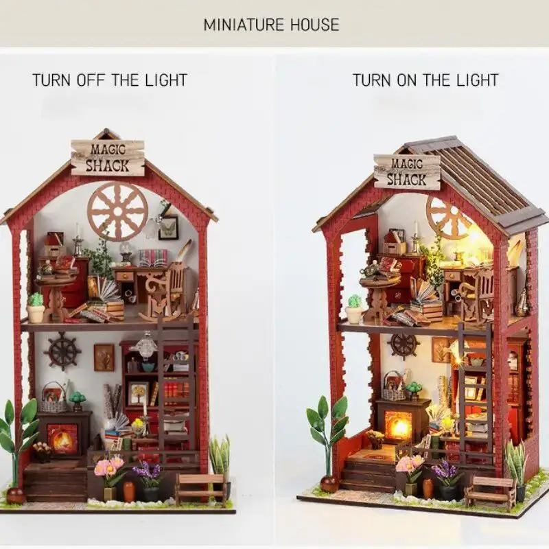 Kit de libro de bricolaje, rompecabezas de madera 3D con muebles y LED, Mini decoración de estantería en miniatura