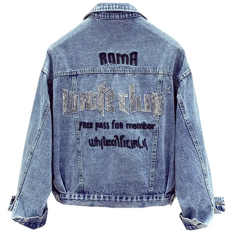 Fried Street Sequined Denim Jacket Lady 2023 New Spring Autumn Jackets Female Fashion Back Embroidery Cowboy coat Women Tops