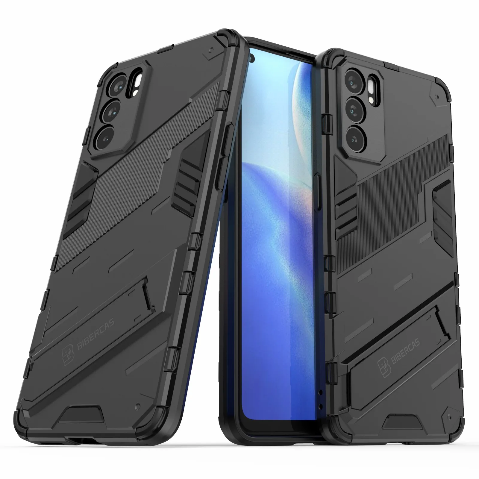 

Defender Shockproof Military Durable Rugged PC + TPU Cover with Kickstand for Oppo Reno6 5G - Black
