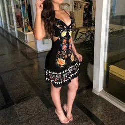 Sexy Dress for Women New Fashion 2024 Summer Elegant Hollow Suspender V-Neck Exposed Waist Printed Dresses Casual Short Skirt
