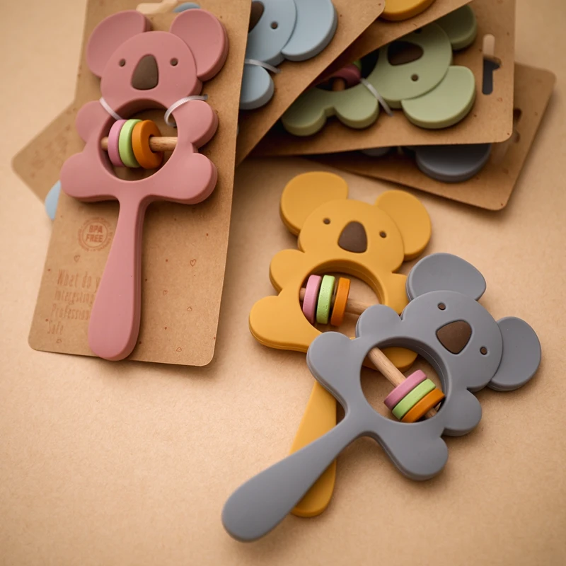 

5pc Silicone Teether Koala Elephant Handbells Rattles BPA Free Rodents Teething Necklace Food Grade Infant Chewable Baby Toys