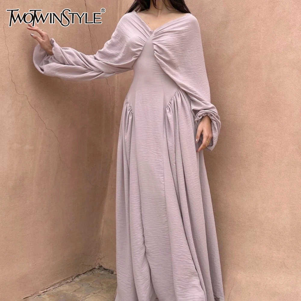TWOTWINSTYLE French Pleated Design Dresses for Women V Neck Batwing Sleeve High Waist Gentle Long Dress Female New Fashion Style