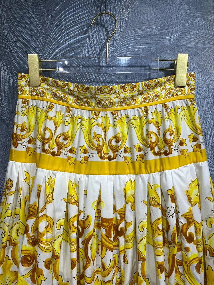 Women\'s Yellow Porcelain Printing Skirt, 100% Cotton, Empire High Street EXpansion Half Dresses, Fashion, Summer