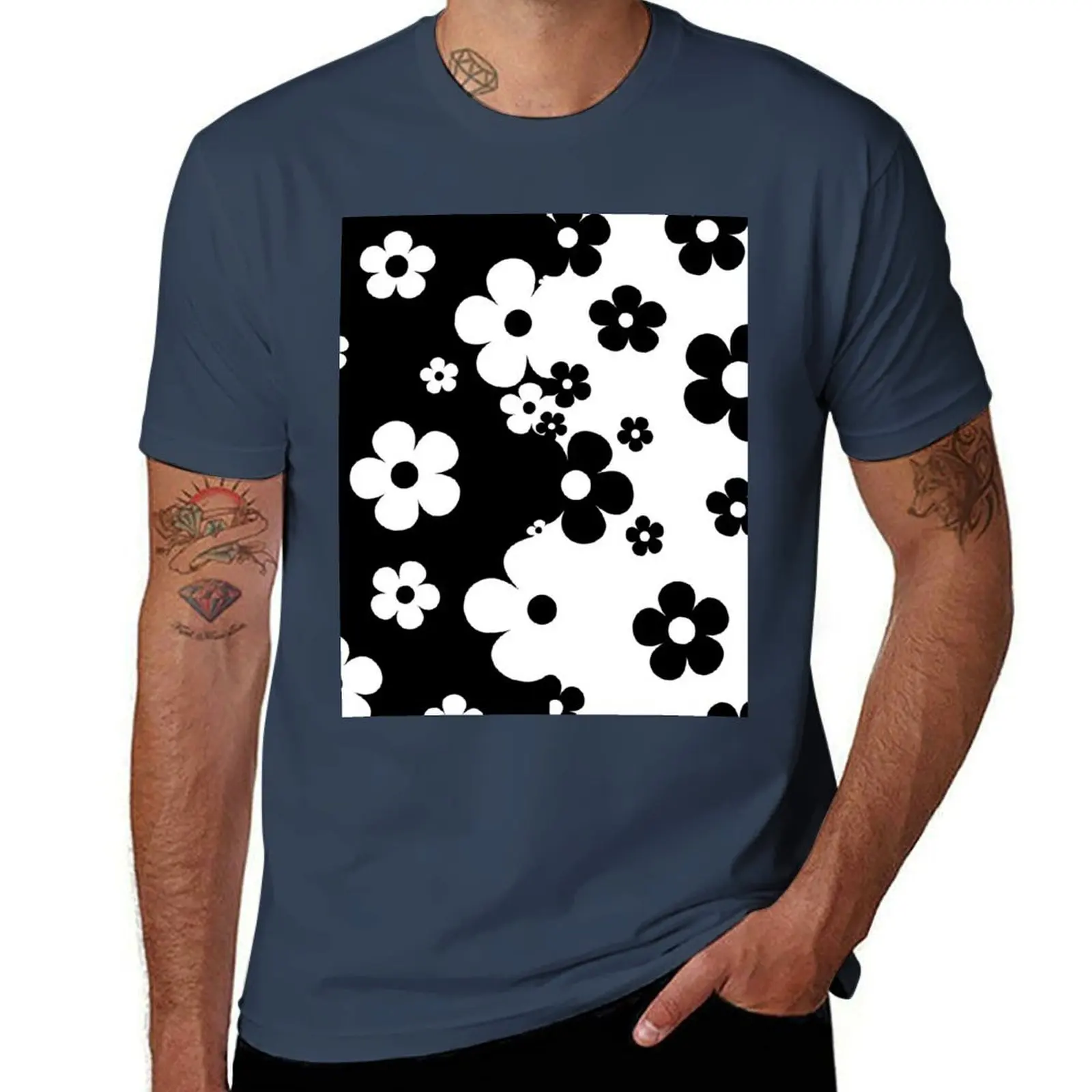 

60's Retro Pop Small Flowers in Black and White T-Shirt t shirts for man cotton funny mens graphic t shirts T-Shirt