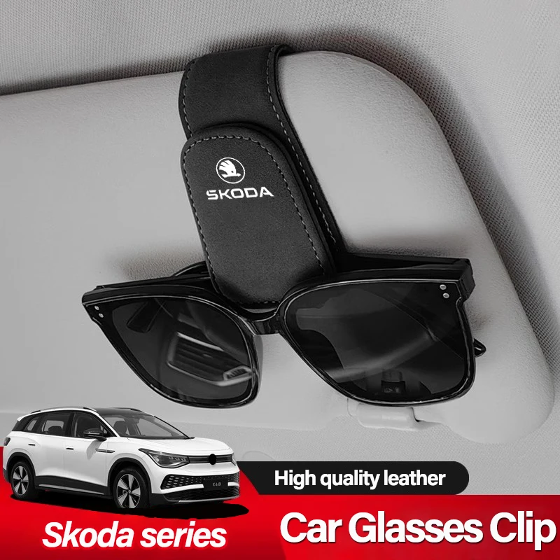 Car Logo Sun Visor Glasses Clip Ticket Card Storage Clamp For Skoda Yeti Vrs Kodiaq Kamiq Karoq Octavia Fabia Superb Enyaq Rapid